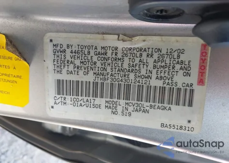 2003 Lexus Es 300 из США, поврежденный, VIN JTHBF30G430124121